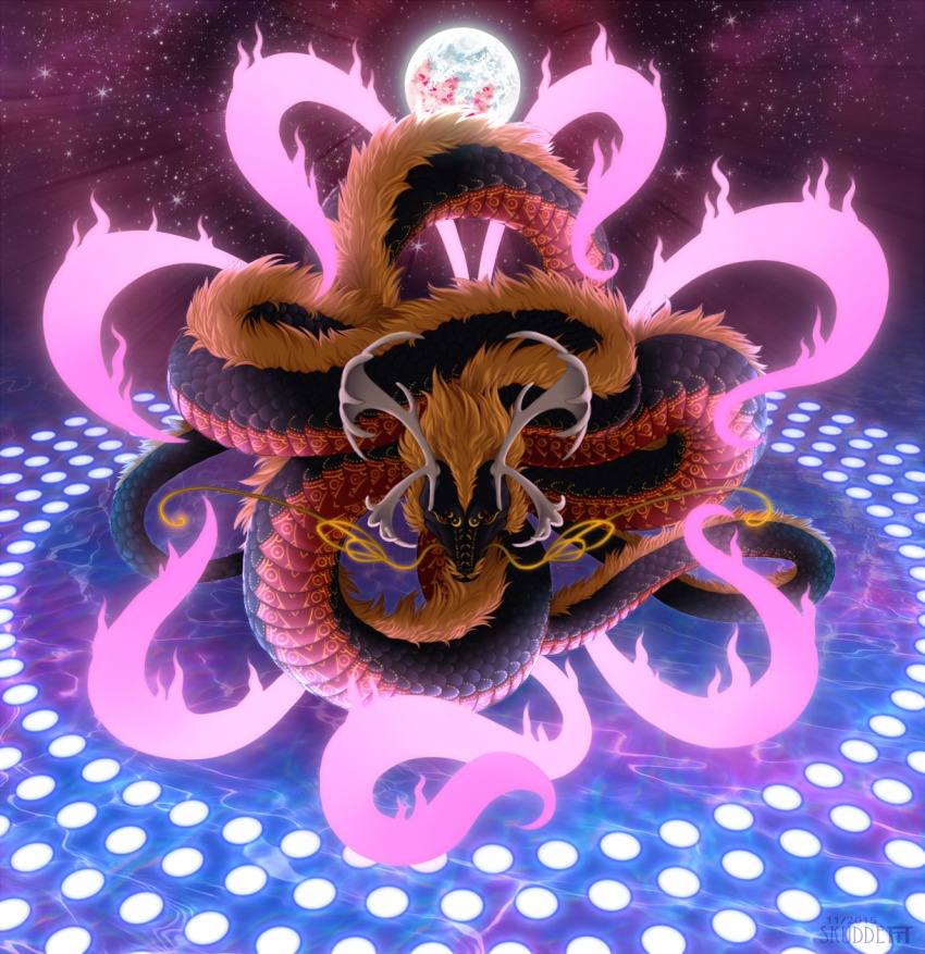 animalization, blonde_hair, danmaku, dragon, earth_(planet), eastern_dragon, highres, horns