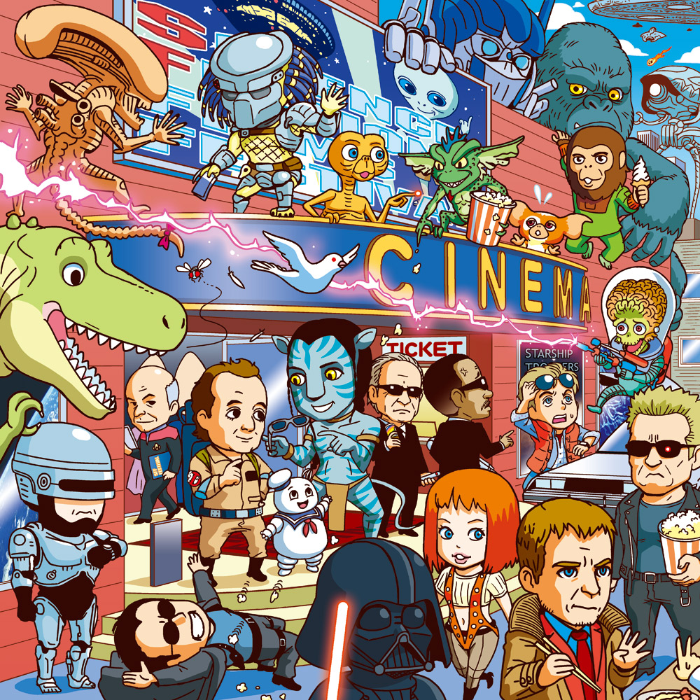 2001_a_space_odyssey, 20th_century_fox, 3d_glasses, agent_j_(men_in_black), agent_k, alien, alien_(series), alien_vs._predator, anger_vein, angry, arnold_schwarzenegger, autobot, avatar_(2009_movie), back_to_the_future, beam, belt, bird, black_hair, blade_runner_(1982_movie), blade_runner_(series), blue_skin, bodysuit, bug, building, car, chibi, chopsticks, cityscape, close_encounters_of_the_third_kind, colored_skin, coneheads, creature, darth_vader, delorean, dotted_line, dove, e.t., electricity, energy_gun, energy_sword, everyone, eyewear_on_head, fly, flying, flying_saucer, food, formal_clothes, ghostbusters, giant, gizmo, gizmo_(gremlins), glasses, glowing, glowing_eye, glowing_sword, glowing_weapon, gremlins_(movie), grey_eyes, helmet, ice_cream, ice_cream_cone, independence_day_(1996_movie), insect, jake_sully, james_cameron's_avatar, jean-luc_picard, jurassic_park, king_kong, king_kong_(series), leeloo_(the_fifth_element), lightsaber, logo, mars_attacks!, martian_(mars_attacks!), marty_mcfly, mask, mecha, men_in_black, michael_j._fox, monolith_(object), monster, motion_lines, motor_vehicle, movie_theater, multiple_boys, multiple_girls, na'vi, neo_(matrix), neo_(the_matrix), optimus_prime, outdoors, paramount_pictures, parody, peter_venkman, planet_of_the_apes, pointy_ears, predator_(1987), predator_(series), raincoat, ray_gun, red_eyes, rick_deckard, robocop, robocop_(character), robot, shake-o, sharp_teeth, short_hair, silver_hair, soft_serve, spacecraft, spacesuit, stairs, star_trek, star_trek:_the_next_generation, star_wars, starfighter, starfleet_uniform, starship_troopers, stay_puft, stripe_(gremlins), suit, sunglasses, sword, t-800, teeth, terminator_(series), terminator_2:_judgment_day, the_fifth_element, the_matrix, the_terminator, ticket, transformers, tripod_(mecha), ufo, universal_studios, very_short_hair, walker_(robot), war_of_the_worlds, warner_bros., weapon, xenomorph, yellow_eyes