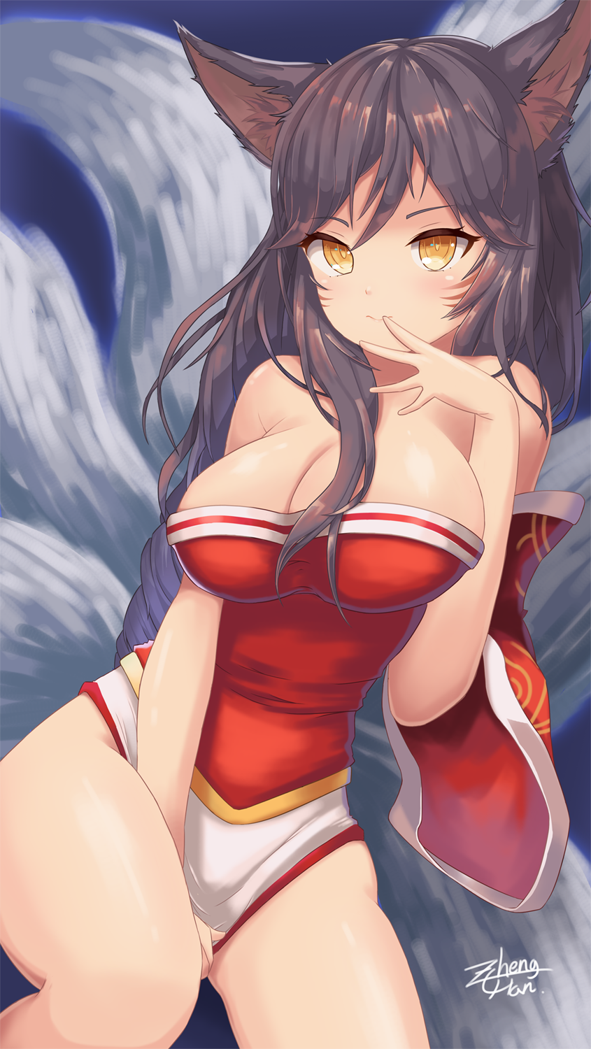 1girl, ahri_(league_of_legends), animal_ears, black_hair, breasts, facial_mark, female_focus, fox_ears, fox_tail, highres, korean_clothes, large_breasts, league_of_legends, low_neckline, multiple_tails, solo, tail, whisker_markings, yellow_eyes, z_-_chcrghan