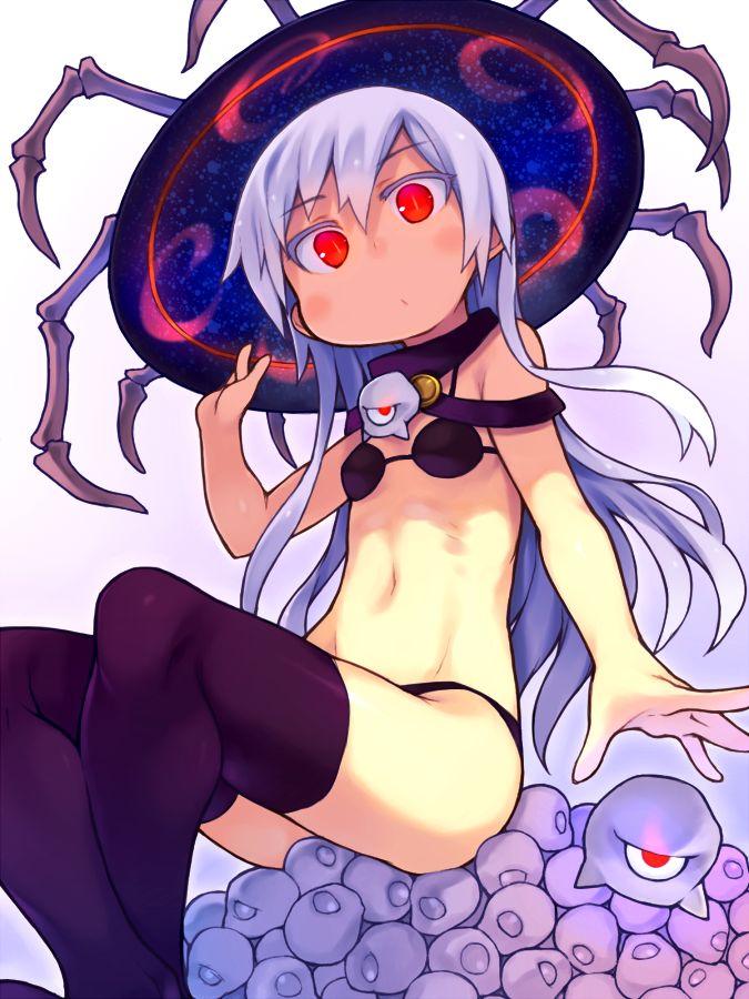 1girl, adjusting_clothes, adjusting_headwear, arthropod_limbs, bachera, bare_shoulders, black_bra, black_panties, black_thighhighs, blush, bone, bra, bug_hat, collar, commentary_request, female_focus, hat, long_hair, looking_at_viewer, navel, original, outstretched_arm, panties, pile, raised_eyebrows, red_eyes, ribs, sidelocks, silver_hair, sitting, solo, thighhighs, underwear, underwear_only, very_long_hair