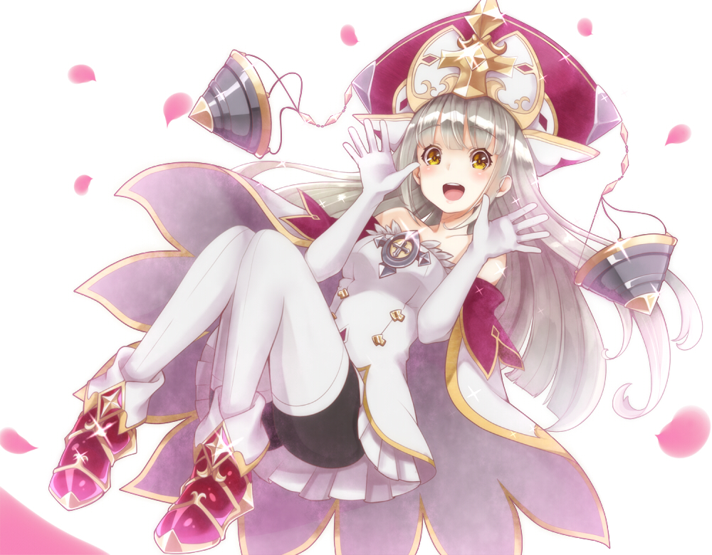 1girl, :d, brown_eyes, cape, cross, elbow_gloves, female_focus, gloves, har, hilo_(joy_hero), long_hair, looking_at_viewer, loussier_ellerensia, open_mouth, pantyhose, petals, pilokey, pleated_skirt, ruushe_(shironeko_project), shironeko_project, silver_hair, skirt, smile, solo, thighhighs, white_background, white_gloves