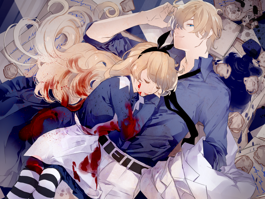 1girl, alice's_adventures_in_wonderland, alice?_(are_you_alice?), alice_(alice_in_wonderland), apron, are_you_alice?, black_bow, black_necktie