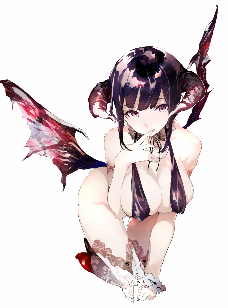 1girl, bad_id, bad_pixiv_id, bare_shoulders, black_hair, breasts, cleavage, demon_girl