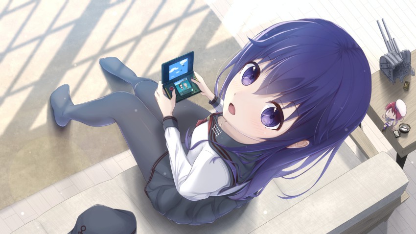 10s, 12.7cm_twin_high-angle_gun_mount_fairy, 1girl, akagi_(kancolle), akatsuki_(kancolle), akikan_(10552397), bad_id, bad_pixiv_id, black_pantyhose, cannon, couch, fairy_(kancolle), from_above, handheld_game_console, hat, highres, kantai_collection, long_hair, looking_at_viewer, nintendo_3ds, no_shoes, open_mouth, pantyhose, purple_eyes, purple_hair, remodel_(kantai_collection), school_uniform, serafuku, sitting, skirt, unworn_hat, unworn_headwear, window_shadow, zuihou_(kancolle)