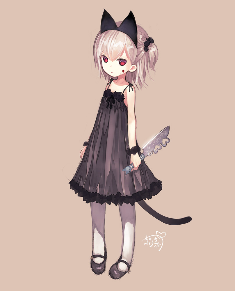 1girl, :<, animal_ears, bare_shoulders, black_dress, blood, blood_on_face, capriccio