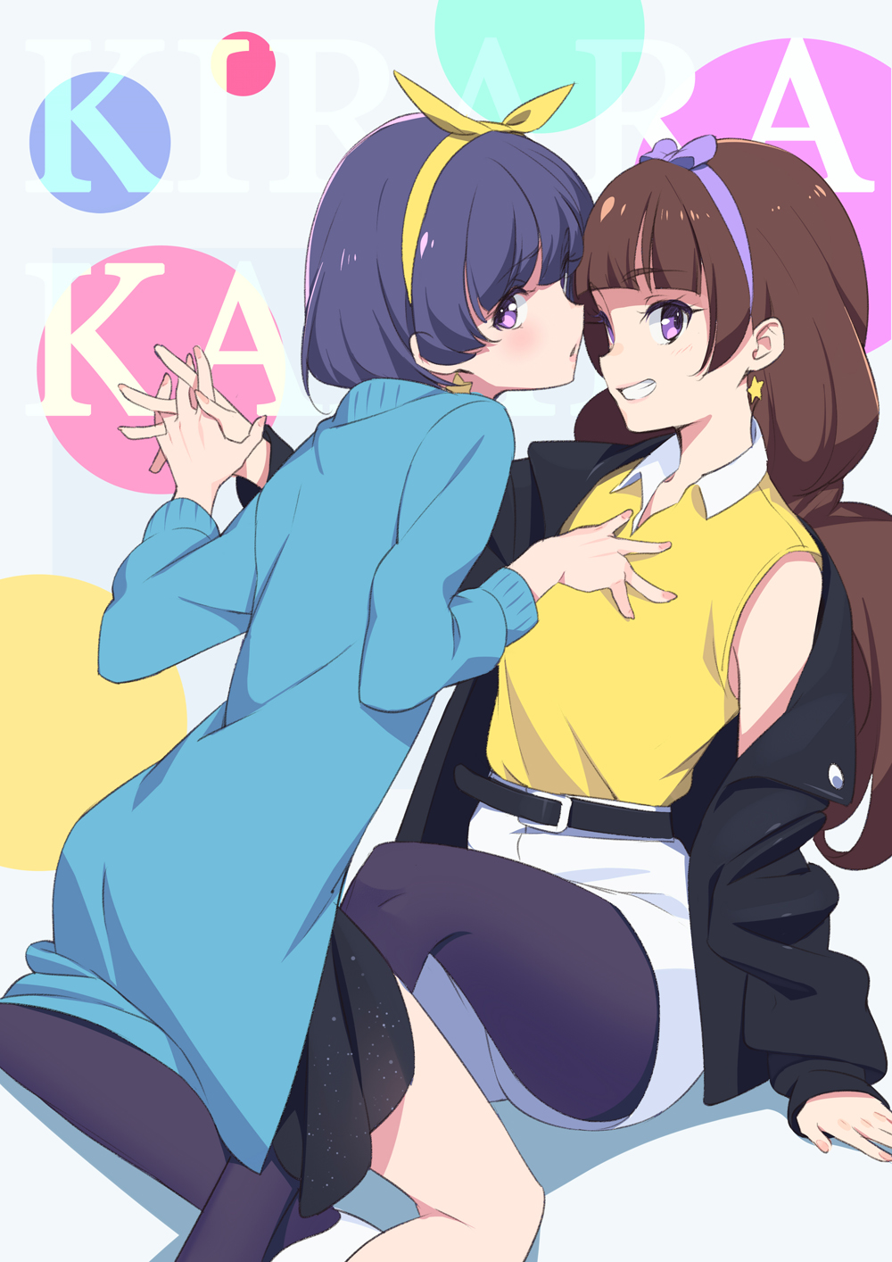 2girls, akeboshi_karin, amanogawa_kirara, arm_support, bare_shoulders, belt, blue_hair, blush, brown_hair, clenched_teeth, collared_shirt, earrings, female_focus, go!_princess_precure, grin, hairband, holding_hands, hand_on_another's_chest, highres, interlocked_fingers, jacket, jewelry, pantyhose_under_shorts, long_hair, long_sleeves, looking_at_viewer, looking_to_the_side, multiple_girls, neck, off_shoulder, open_mouth, pantyhose, precure, purple_eyes, shirt, short_hair, shorts, sitting, skirt, sleeveless, sleeveless_shirt, smile, ssberit, star_(symbol), sweater, teeth, white_shorts, yellow_shirt, yuri