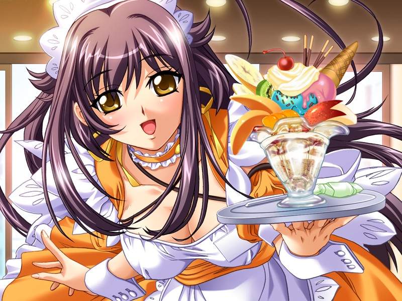 .fuck, 1girl, breasts, brown_hair, cleavage, female_focus, food, game_cg, ice_cream, kasumi_(.fuck), long_hair, non-web_source, parfait, pocky, solo, tray, waitress, yellow_eyes, yoshino_keiko