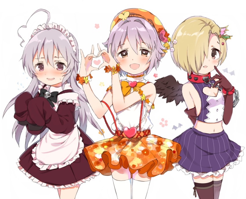 3girls, :d, ahoge, bags_under_eyes, beret, black_wings, brown_eyes, caracorn