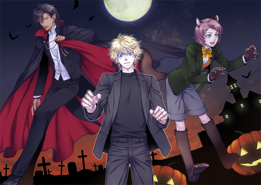 3boys, aidou_seiya, animal_ears, blonde_hair, blue_eyes, brown_hair, cape, dark-skinned_male