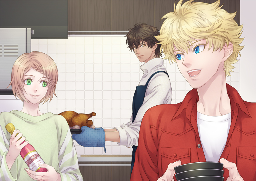 3boys, aidou_seiya, apron, blonde_hair, blue_eyes, braid, brown_hair, dark-skinned_male