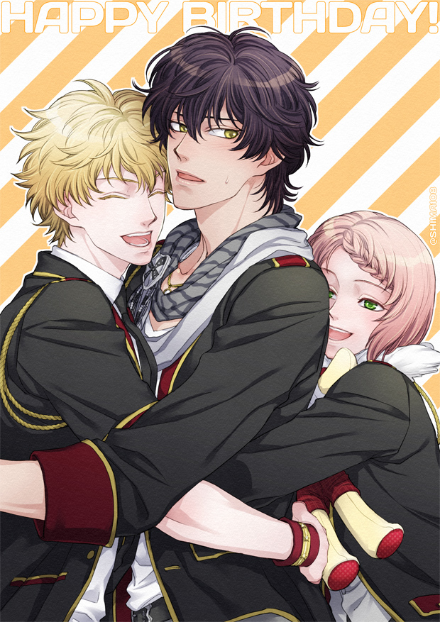 3boys, aidou_seiya, blonde_hair, blush, braid, brown_hair, dark_skin, dark-skinned_male