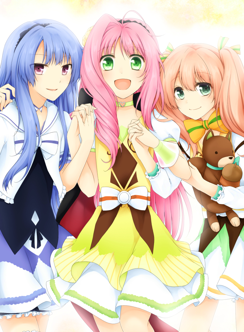 3boys, blue_eyes, blue_hair, crossdressing, crossdressing_(mtf), doutika, dress, green_eyes