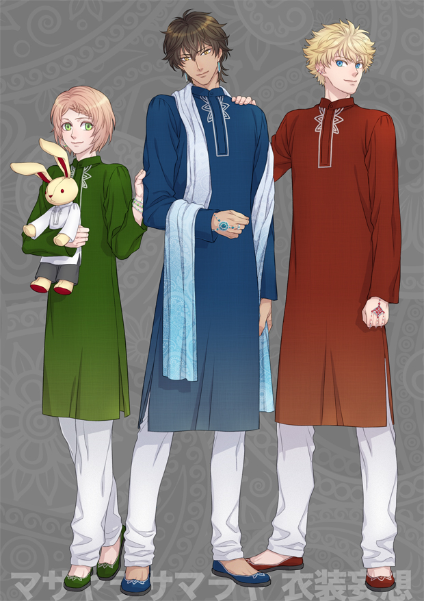 3boys, aidou_seiya, blonde_hair, braid, brown_hair, full_body, i-chu, male_focus, minato_kanata, mitsurugi_akira, multiple_boys, shima108, single_braid, stuffed_animal, stuffed_rabbit, stuffed_toy