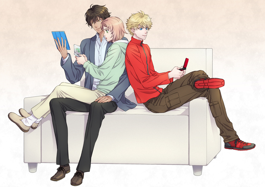 3boys, aidou_seiya, blonde_hair, braid, brown_hair, closed_eyes, full_body, i-chu