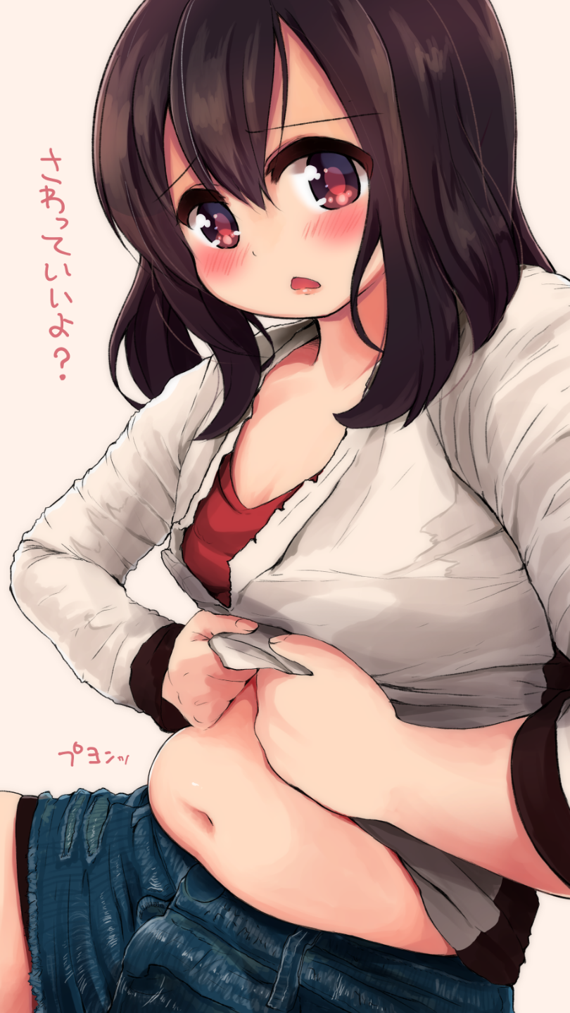 1girl, belly, bike_shorts, blush, breasts, brown_hair, clothes_lift, female_focus