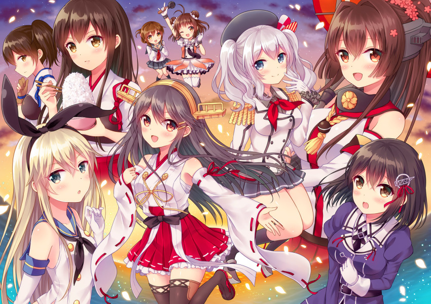 10s, 6+girls, :d, ;d, akagi_(kancolle), bad_id, bad_pixiv_id, bare_shoulders