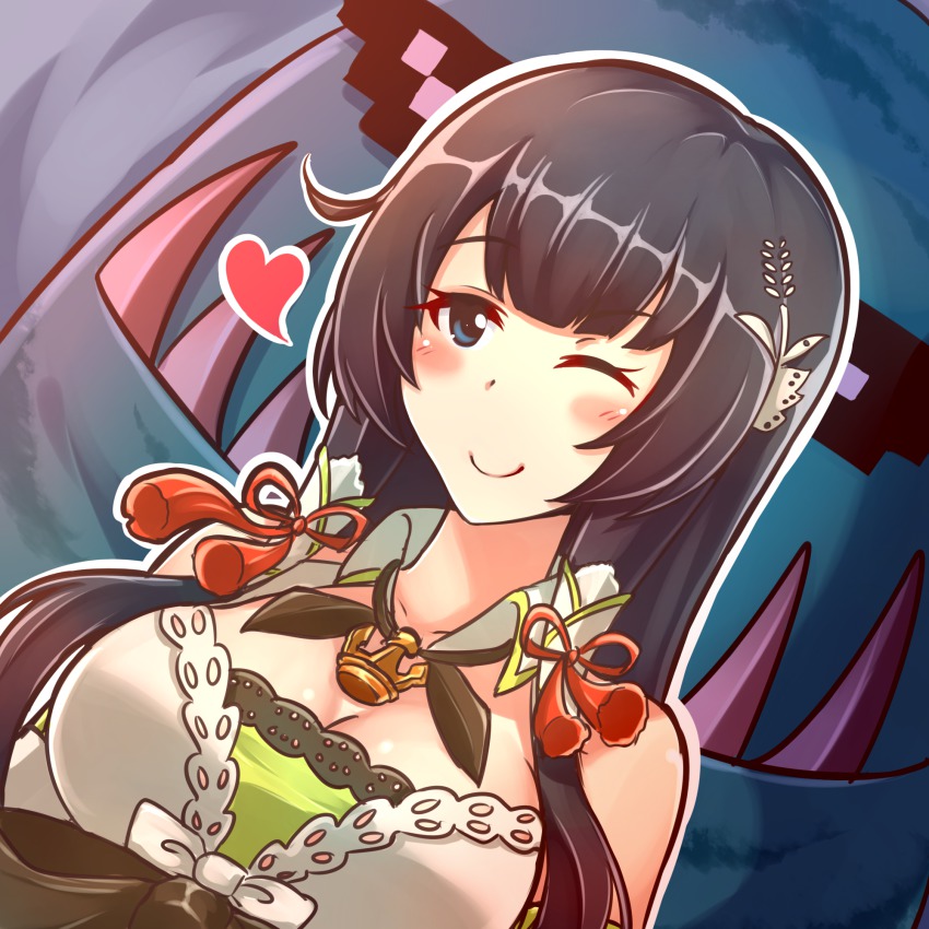 10s, 1girl, ;), anchor_choker, bare_shoulders, blush, bow, breasts