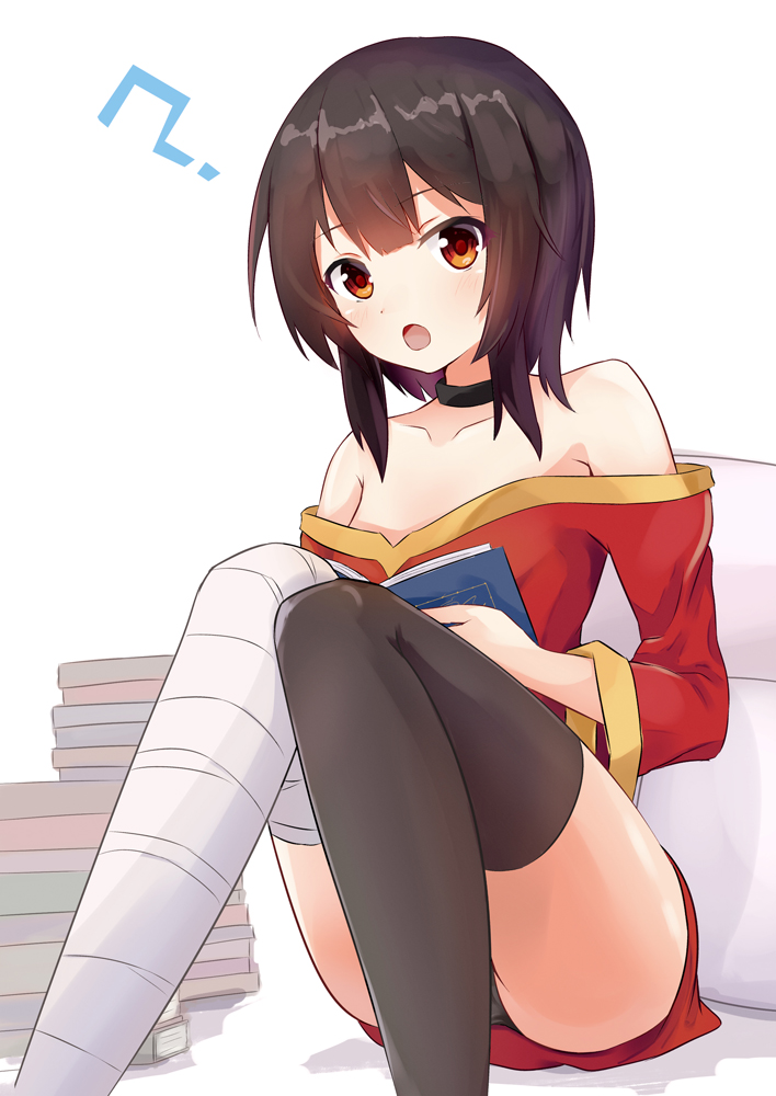 10s, 1girl, ?, bandages, bare_shoulders, black_hair, black_thighhighs, book, female_focus, kono_subarashii_sekai_ni_shukufuku_wo!, kyoubu, looking_at_viewer, megumin, open_mouth, orange_eyes, short_hair, single_thighhigh, sitting, solo, thighhighs