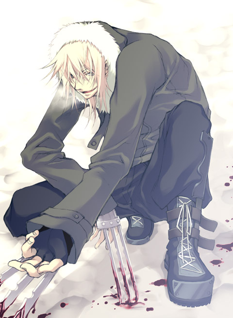 1boy, artist_request, blonde_hair, blood, boots, gunji, hood, hoodie, jacket, male_focus, solo, togainu_no_chi, weapon