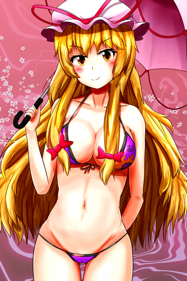 1girl, arm_behind_back, bikini, blonde_hair, blush, bow, breasts, cleavage, collarbone, cowboy_shot, female_focus, floral_background, front-tie_bikini_top, front-tie_top, hair_bow, happy, hat, hat_ribbon, holding, holding_umbrella, kredorf, large_breasts, long_hair, looking_at_viewer, lowleg, lowleg_bikini, mob_cap, navel, neck, pink_background, purple_bikini, ribbon, ribbon_trim, sidelocks, smile, solo, stomach, swimsuit, thighs, touhou, umbrella, very_long_hair, yakumo_yukari, yellow_eyes