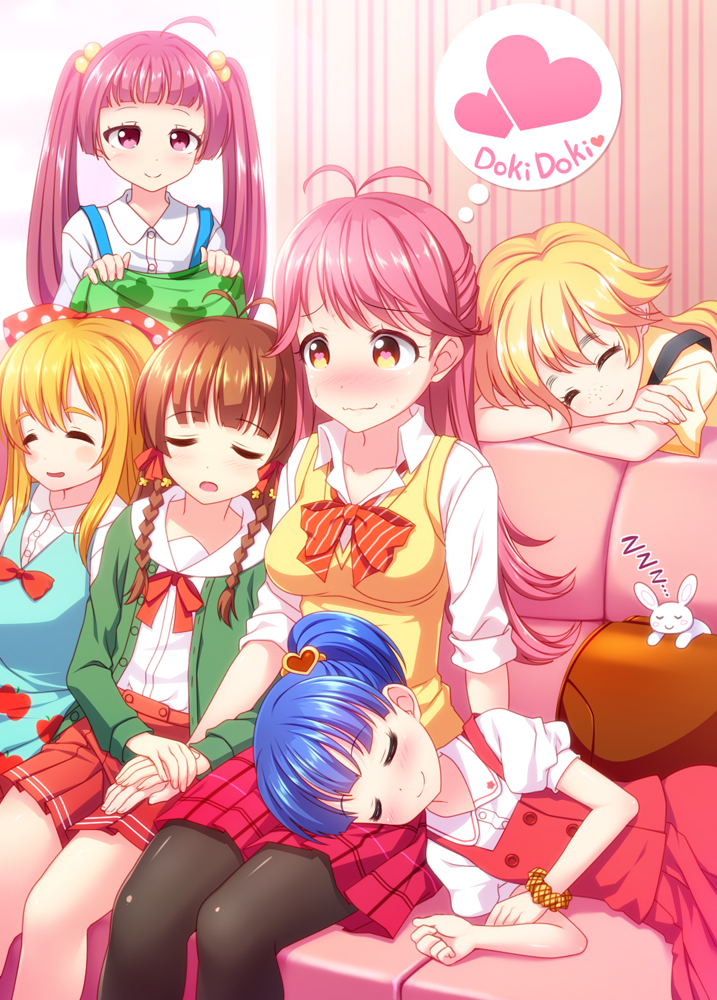 6+girls, ahoge, antenna_hair, arisu_shirayuki, bad_id, bad_pixiv_id, blonde_hair, blue_hair, blunt_bangs, blush, bow, braid, breasts, brown_hair, enami_madoka, freckles, hair_bobbles, hair_bow, hair_ornament, harumi_shinju, holding_hands, hoshigaki_manon, long_hair, lying_on_lap, lying_on_person, multiple_girls, own_hands_together, pink_hair, red_eyes, red_hair, sakaiya_yumeno, school_uniform, shirayuki_arisu, side_ponytail, sitting, sleeping, sleeping_on_person, sleeping_upright, smile, sweater_vest, tasha_romanovsky, tokyo_7th_sisters, totokichi, twintails