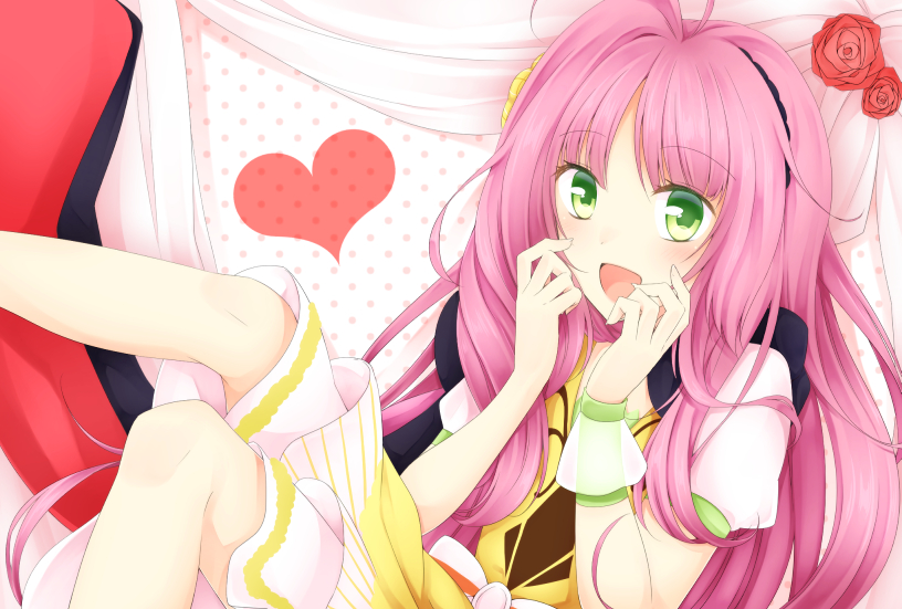 1boy, blush, crossdressing, crossdressing_(mtf), doutika, dress, green_eyes, hairband, hanabusa_kokoro, i-chu, long_hair, male_focus, open_mouth, pink_hair, smile, solo, trap