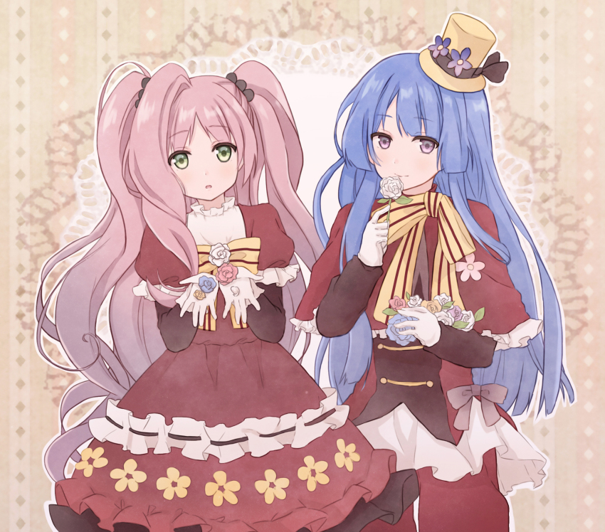 2boys, blue_hair, blush, crossdressing, crossdressing_(mtf), gloves, green_eyes, hanabusa_kokoro