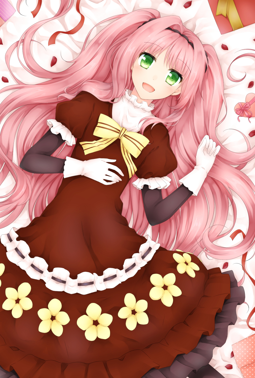 1boy, crossdressing, crossdressing_(mtf), doutika, dress, gift, gloves, green_eyes