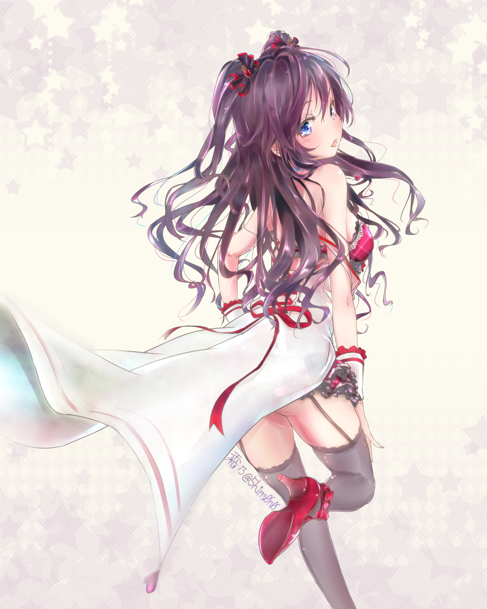 10s, 1girl, blue_eyes, breasts, brown_hair, female_focus, garter_straps, high_heels