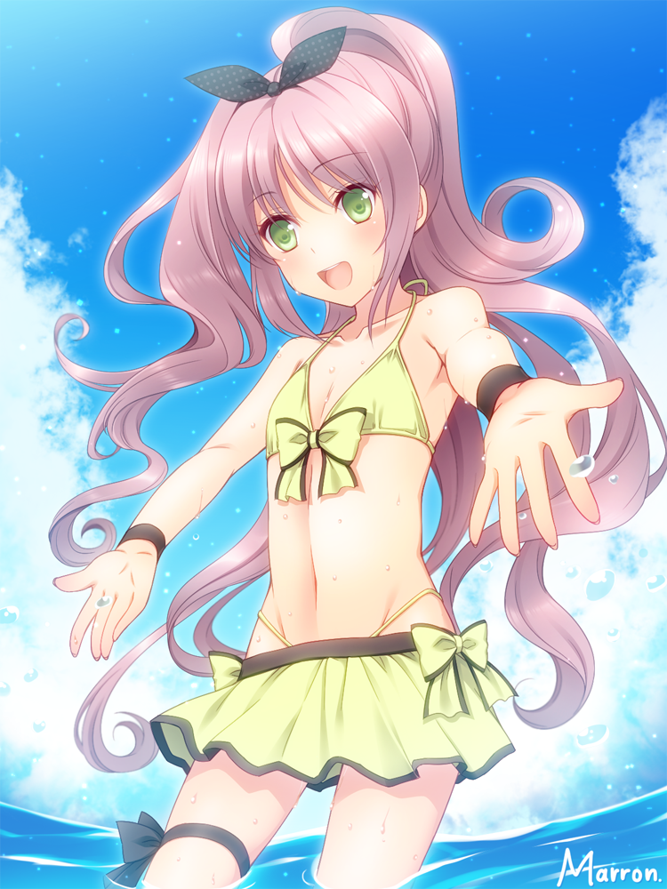 1boy, artist_name, bikini, blue_sky, blush, crossdressing, crossdressing_(mtf), day, green_eyes, hair_ribbon, hanabusa_kokoro, i-chu, long_hair, male_focus, maron_(1212ama), navel, open_mouth, outdoors, outstretched_hand, pink_hair, ponytail, ribbon, sky, smile, solo, swimsuit, trap, wading, wavy_hair