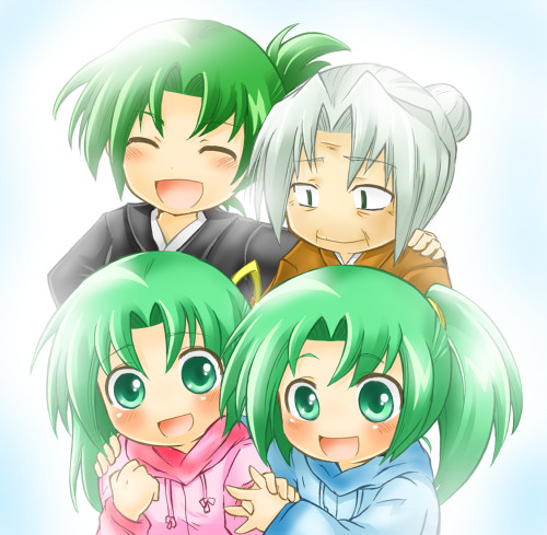 00s, 4girls, child, closed_eyes, family, green_eyes, green_hair, higurashi_no_naku_koro_ni