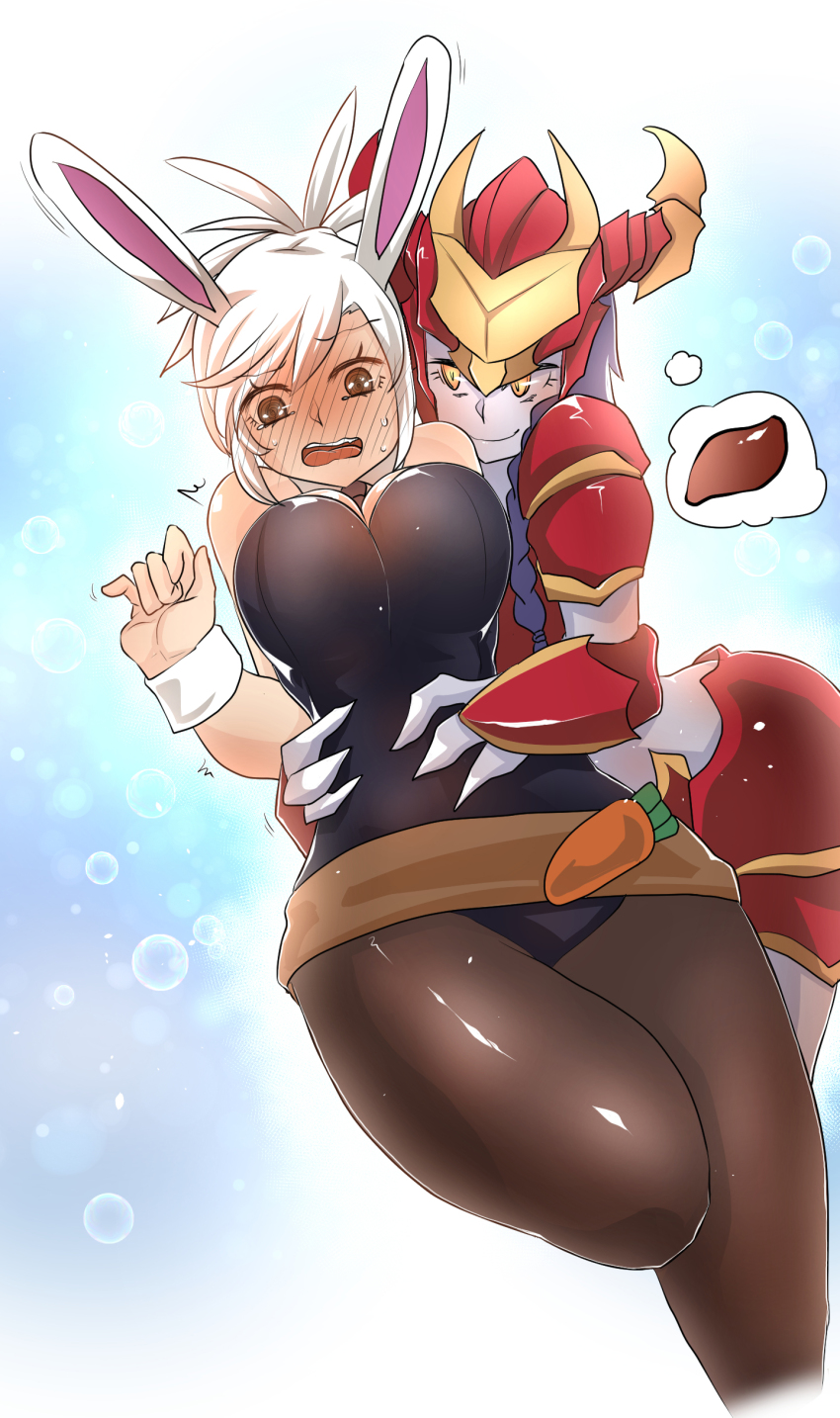 2girls, absurdres, armor, bad_id, bad_pixiv_id, battle_bunny_riven, blue_hair, breasts, brown_eyes, colored_skin, helmet, highres, hug, large_breasts, league_of_legends, long_hair, moonjunk, multiple_girls, nervous, pantyhose, playboy_bunny, ponytail, purple_skin, riven_(league_of_legends), short_hair, shyvana, smile, speech_bubble, sweat, tears, thought_bubble, waist_hold, waist_hug, white_hair, wrist_cuffs, yellow_eyes, yuri