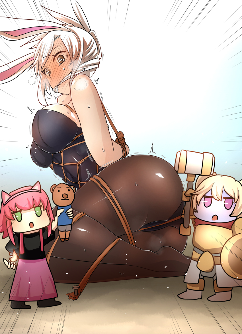 3girls, animal_ears, annie_(league_of_legends), arms_behind_back, ass, bad_id, bad_pixiv_id, battle_bunny_riven, bdsm, blonde_hair, blush, bondage, bound, bound_arms, breasts, brown_eyes, chibi, cleave_gag, cloth_gag, fake_animal_ears, gag, gag_manga_biyori, gagged, high_ponytail, highres, improvised_gag, kumakichi_(character), large_breasts, league_of_legends, moonjunk, multiple_girls, pantyhose, pink_hair, playboy_bunny, ponytail, poppy_(league_of_legends), rabbit_ears, riven_(league_of_legends), shibari, shibari_over_clothes, sweat, tears, trembling, twintails, white_hair