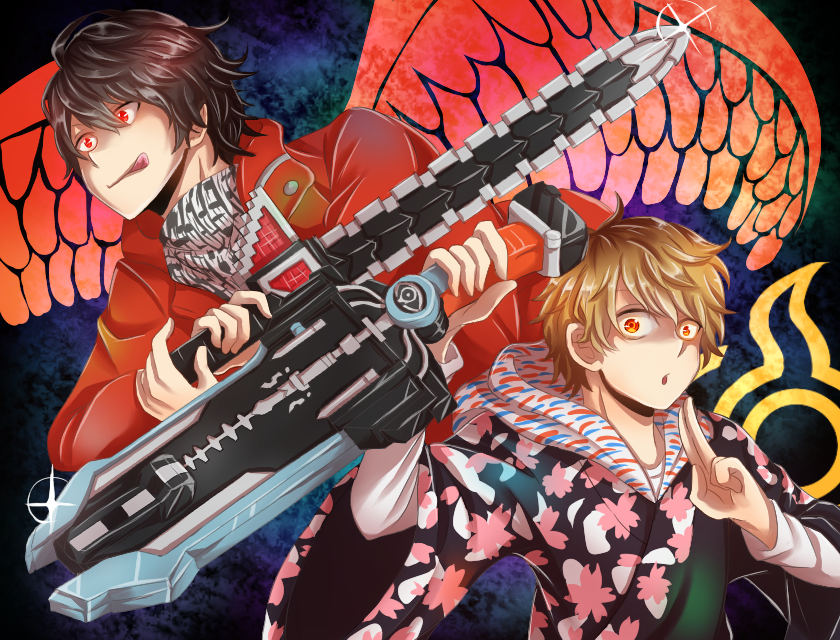 2boys, :q, animification, bad_id, bad_pixiv_id, doubutsu_sentai_zyuohger, eagle_riser, holding