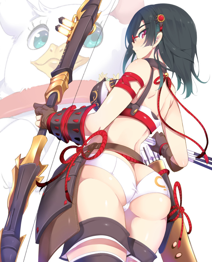 1girl, arm_ribbon, armband, armor, arrow_(projectile), ass, back, bare_shoulders, belt, bikini_armor, black_hair, black_thighhighs, blue_eyes, blush, bow_(weapon), breasts, brown_gloves, closed_mouth, cowboy_shot, crotch_seam, faulds, female_focus, flower, from_behind, from_below, glasses, gloves, hair_flower, hair_ornament, holding, holding_weapon, japanese_armor, large_breasts, looking_at_viewer, midriff, orb, partially_fingerless_gloves, projected_inset, quiver, red-framed_eyewear, red_eyes, ribbon, rope, sabano_niwatori, seiken_manifestia, shorts, solo, thigh_strap, thighhighs, vambraces, weapon, white_shorts