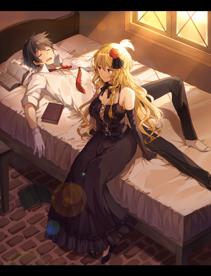 10s, 1boy, 1girl, arms_at_sides, bed, belt, black_dress, black_footwear, black_gloves, black_hair, black_pants, black_ribbon, blue_eyes, book, braid, celica_arfonia, closed_mouth, collared_shirt, cross-laced_clothes, dress, dress_shirt, flower, frilled_dress, frills, from_above, glenn_radars, gloves, hair_flower, hair_ornament, half_updo, holding, indoors, letterboxed, long_dress, long_hair, looking_to_the_side, lying, mishima_kurone, necktie, no_shoes, on_back, on_bed, open_book, open_mouth, pants, pillow, red_eyes, red_flower, red_necktie, ribbon, rokudenashi_majutsu_kouji_to_akashic_record, rokudenashi_majutsu_koushi_to_akashic_record, shade, shirt, shoes, single_braid, sitting, sleeping, sleeveless, sleeveless_dress, sleeves_rolled_up, smile, socks, sunlight, white_gloves, white_legwear, white_shirt, window, window_shadow