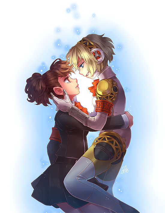 2girls, aigis_(persona), android, blonde_hair, brown_hair, eye_contact, joints, ladugard, looking_at_another, multiple_girls, persona, persona_3, persona_3_portable, robot_joints, shiomi_kotone, yuri