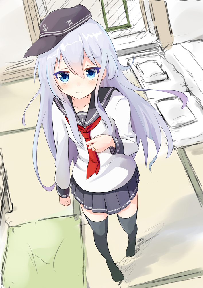 10s, 1girl, anchor_symbol, blue_eyes, female_focus, flat_cap, futon, hat, hibiki_(kancolle), indoors, jewelry, kantai_collection, kyoubu, long_hair, looking_at_viewer, neckerchief, pleated_skirt, ring, school_uniform, serafuku, silver_hair, skirt, solo, tatami, thighhighs, zettai_ryouiki