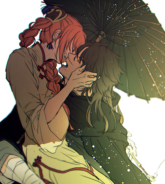 1boy, 1girl, aged_down, arm_wrap, bandages, black_hair, braid, carrying