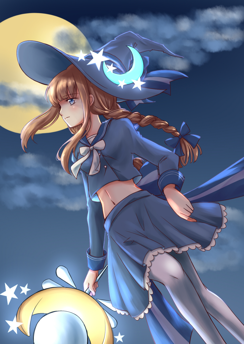 1girl, akemixu, blue_eyes, braid, brown_hair, cloud, crescent, crescent_pin