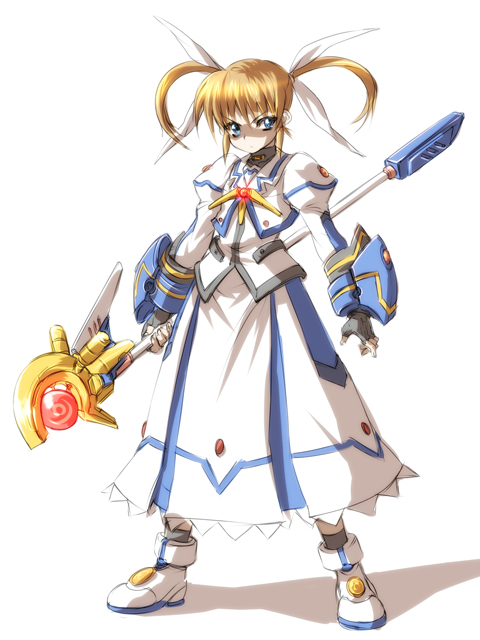 10s, 1girl, black_gloves, blonde_hair, blue_eyes, female_focus, fingerless_gloves, gloves, lyrical_nanoha, magical_girl, mahou_shoujo_lyrical_nanoha, mahou_shoujo_lyrical_nanoha_movie, mahou_shoujo_lyrical_nanoha_the_movie_1st, nekomamire, raising_heart, raising_heart_(device_mode)_(1st), shadow, shoes, solo, staff, standing, takamachi_nanoha, takamachi_nanoha_(movie_1st_mode), twintails, white_background, white_devil, white_shoes