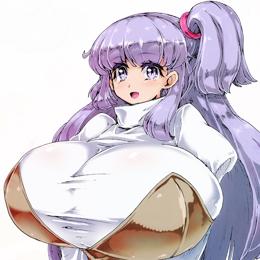 1girl, breasts, female_focus, gigantic_breasts, long_hair, looking_at_viewer, open_mouth, ponytail