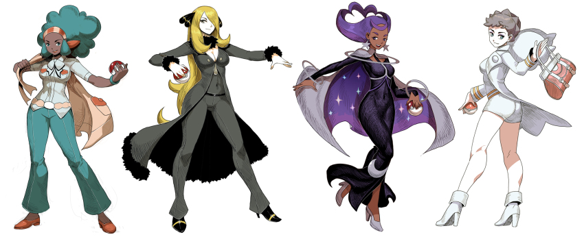 00s, 10s, 4girls, afro, ass, bag, bangle, big_hair, black_dress, blonde_hair, blue_eyes, boots, bracelet, breasts, brown_hair, cape, cleavage, crescent, cynthia_(pokemon), dark-skinned_female, dark_skin, diantha_(pokemon), dress, earrings, elite_four, eyebrows, full_body, genzoman, green_eyes, green_hair, grey_hair, gym_leader, hair_ornament, hair_over_one_eye, handbag, high_heel_boots, high_heels, highres, holding, holding_poke_ball, jewelry, lenora_(pokemon), long_dress, long_hair, looking_at_viewer, multiple_girls, nintendo, olympia_(pokemon), pants, poke_ball, poke_ball_(basic), pokemon, pokemon_black_and_white, pokemon_black_2_and_white_2, pokemon_diamond/pearl/platinum, pokemon_x_and_y, purple_hair, short_hair, short_shorts, shorts, star_(symbol), star_earrings, very_dark_skin