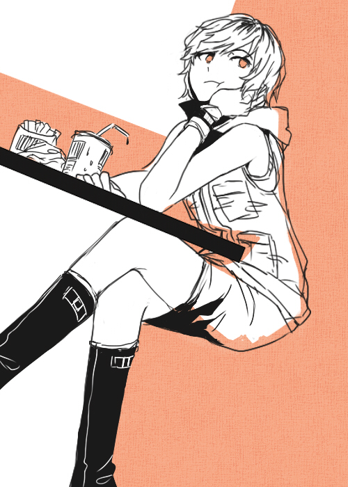 1girl, boots, breasts, female_focus, heather_mason, miniskirt, monochrome, nfyz, short_hair, silent_hill, silent_hill_(series), silent_hill_3, skirt, sleeveless, solo, vest, wristband