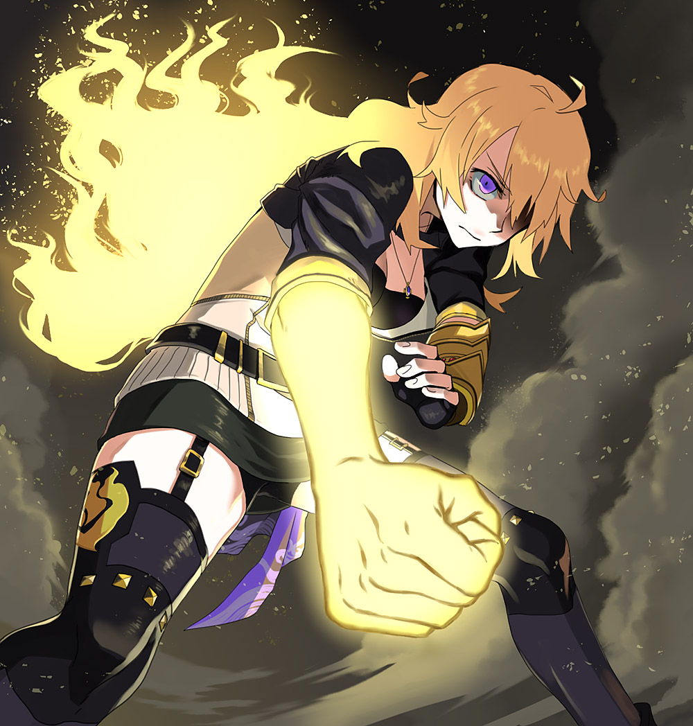 1girl, blonde_hair, clenched_hand, female_focus, fingerless_gloves, garter_straps, gloves, glowing, jewelry, kuroda_(nanchara_flight), long_hair, necklace, purple_eyes, rwby, solo, spoilers, thighhighs, vambraces, yang_xiao_long