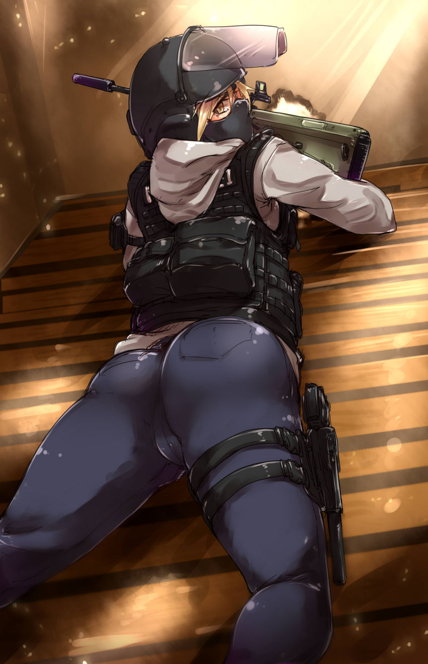 1girl, ass, assault_rifle, ayyh, balaclava, blonde_hair, bullpup, cosplay, female_focus, gun, h&amp;k_usp, handgun, heckler_&amp;_koch, helmet, highres, i.q., looking_at_viewer, looking_back, mask, military_operator, monika_weiss, original, pistol, rainbow_six, rainbow_six_siege, rifle, solo, steyr_aug, suppressor, weapon, yellow_eyes