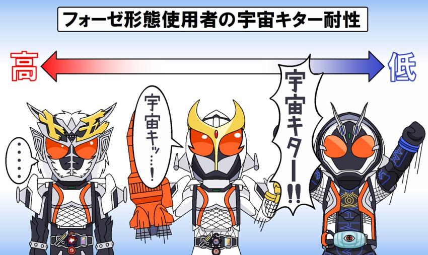 3boys, arms_up, belt, compound_eyes, cosplay, hood, hooded_jacket, jacket, kamen_rider, kamen_rider_fifteen, kamen_rider_fourze, kamen_rider_fourze_(cosplay), kamen_rider_fourze_(series), kamen_rider_gaim_(series), kamen_rider_ghost_(series), kamen_rider_specter, kamen_rider_zangetsu, lock_seed, male_focus, mask, multiple_boys, redol, rider_belt, rocket, translation_request