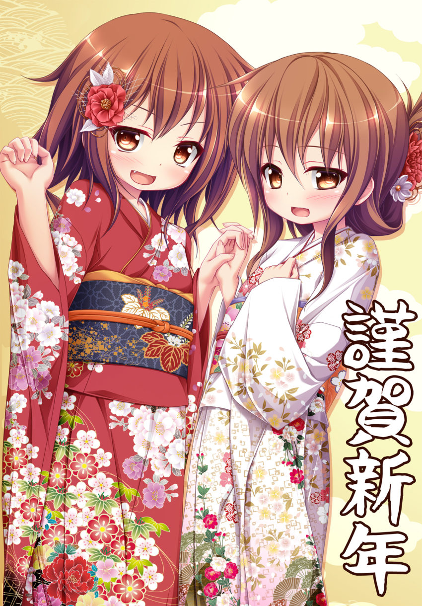 10s, 2girls, :d, blush, brown_eyes, brown_hair, commentary_request, fang, flower, folded_ponytail, hair_flower, hair_ornament, hand_on_own_chest, highres, holding_hands, ikazuchi_(kancolle), ikazuchi_(yukata)_(kancolle), inazuma_(kancolle), interlocked_fingers, japanese_clothes, kantai_collection, kimono, mizunoe_kotaru, multiple_girls, obi, open_mouth, sash, smile, translation_request, yukata