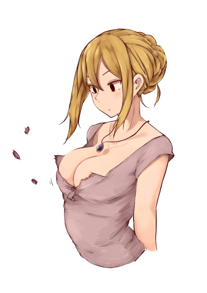 1girl, black_eyes, blonde_hair, blush, breasts, bursting_breasts, buttons, cleavage