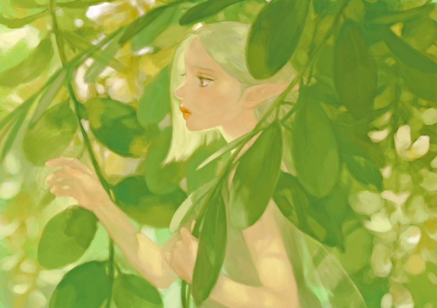 1girl, bad_id, bad_twitter_id, bare_shoulders, closed_mouth, elf, expressionless, female_focus, from_side, green_hair, green_theme, leaf, lips, minju_shim, nature, nose, plant, pointy_ears, profile, shim_minju, solo, swept_bangs, upper_body, wings
